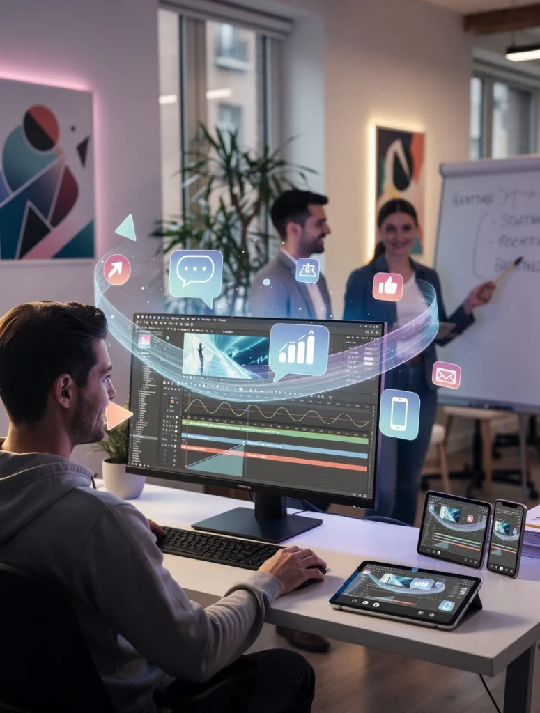 un jeune homme travaille sur son ordinateur et deux personnes en face de lui discutent